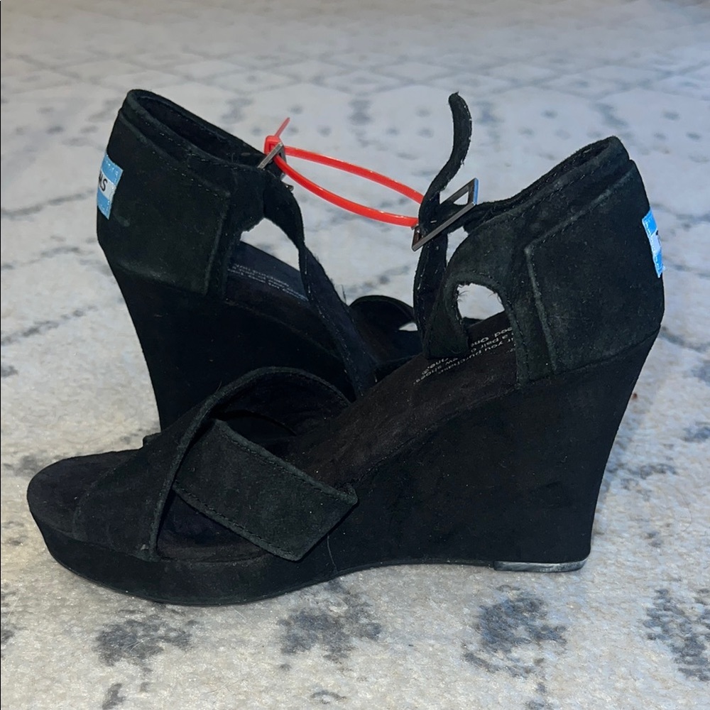 TOMS Black Suede Open-Toe Wedge - Picture 4 of 5